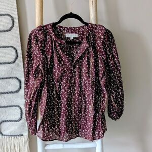 LOFT Burgundy & Gold Floral Blouse - Small